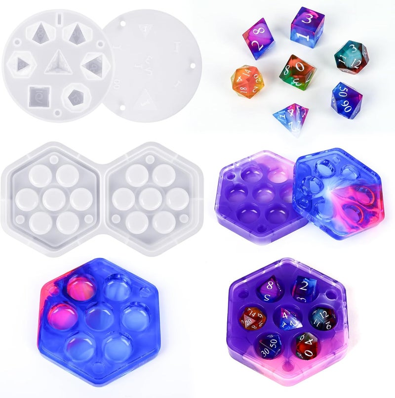 KISREL Dice Resin Molds, DND Dice Set and Organizer Box Epoxy Resin Mold with 7 Standard Stereoscopic Dice Cavities, Silicone Molds for Resin, DND Dice Set Making Kit, Table Board Game - Image 1